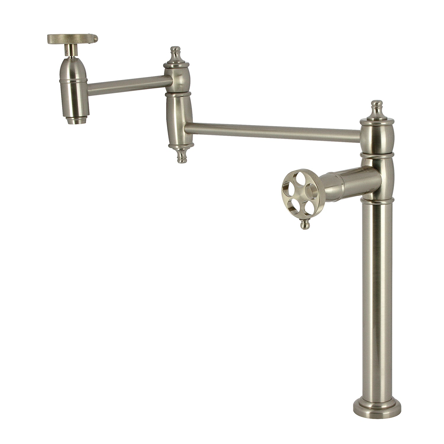 Kingston Tulare KS3708RKZ - Wendell Two-Handle 1-Hole Deck Mount Pot Filler Faucet with Knurled Handle, Brushed Nickel — image 1
